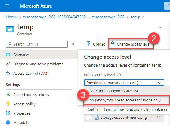Screenshot with Change access level highlighted.