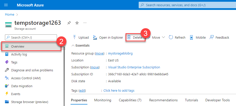 Screenshot of the deletion process for deleting a storage account.