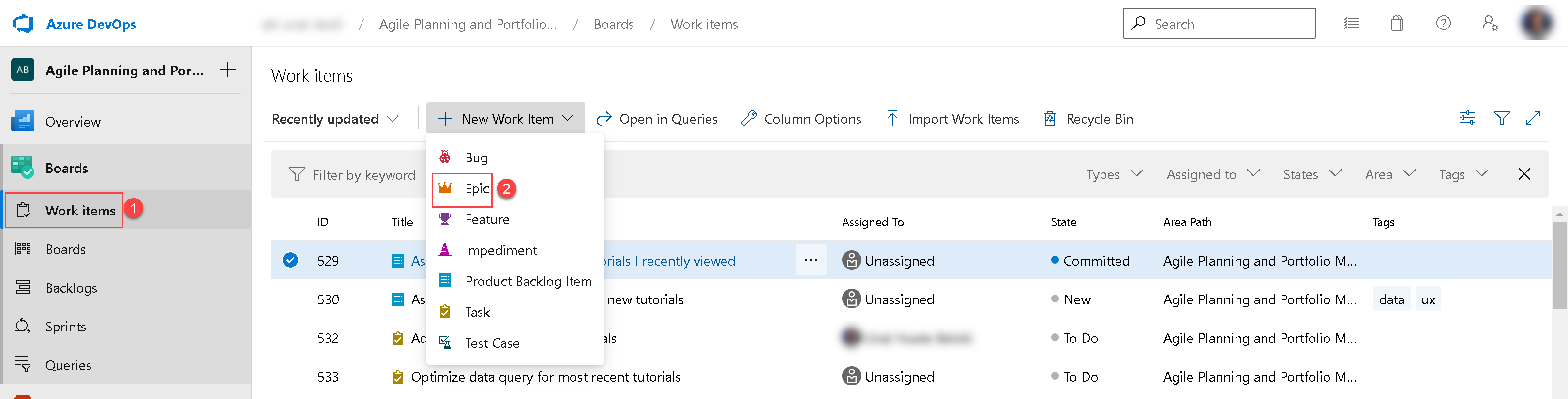 In the "Boards">"Work Items" window, click on
"New work item" >Epic