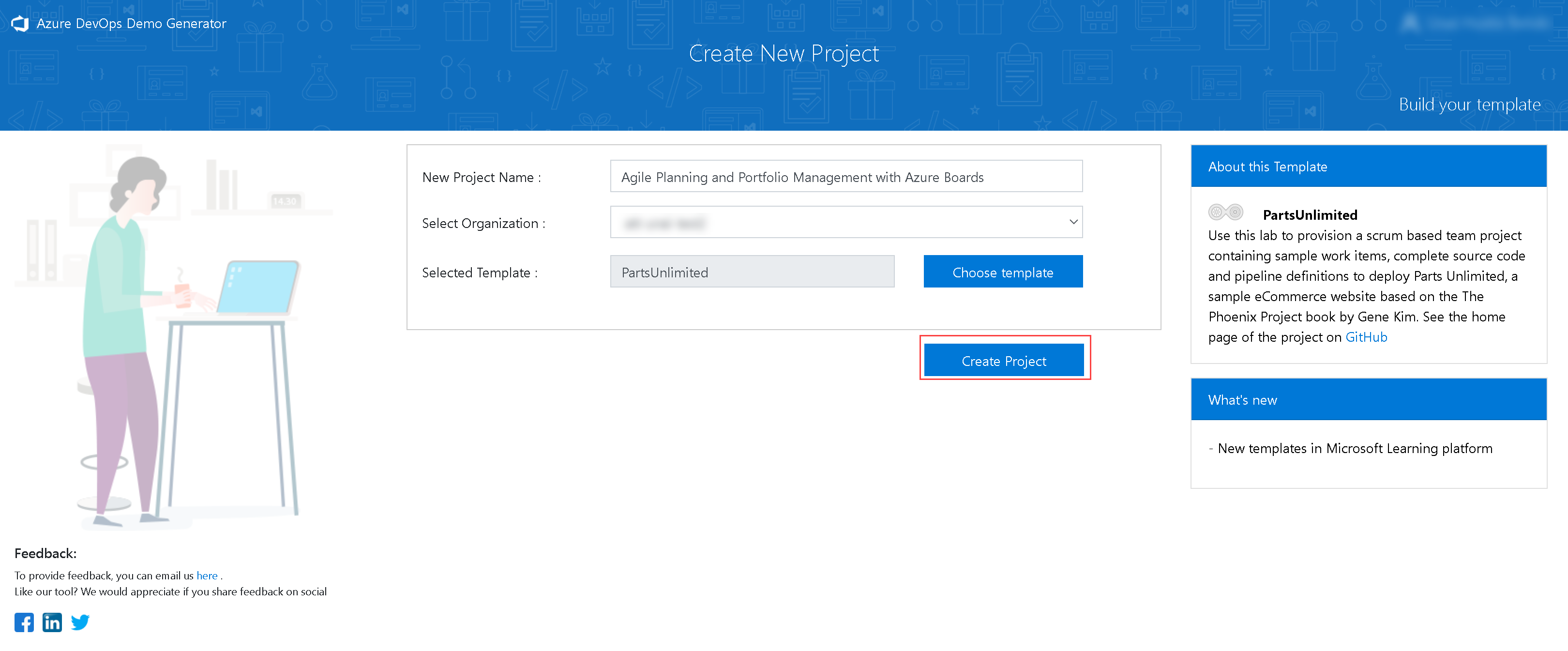 Azure DevOps Generator website. Clik on
"Create project"