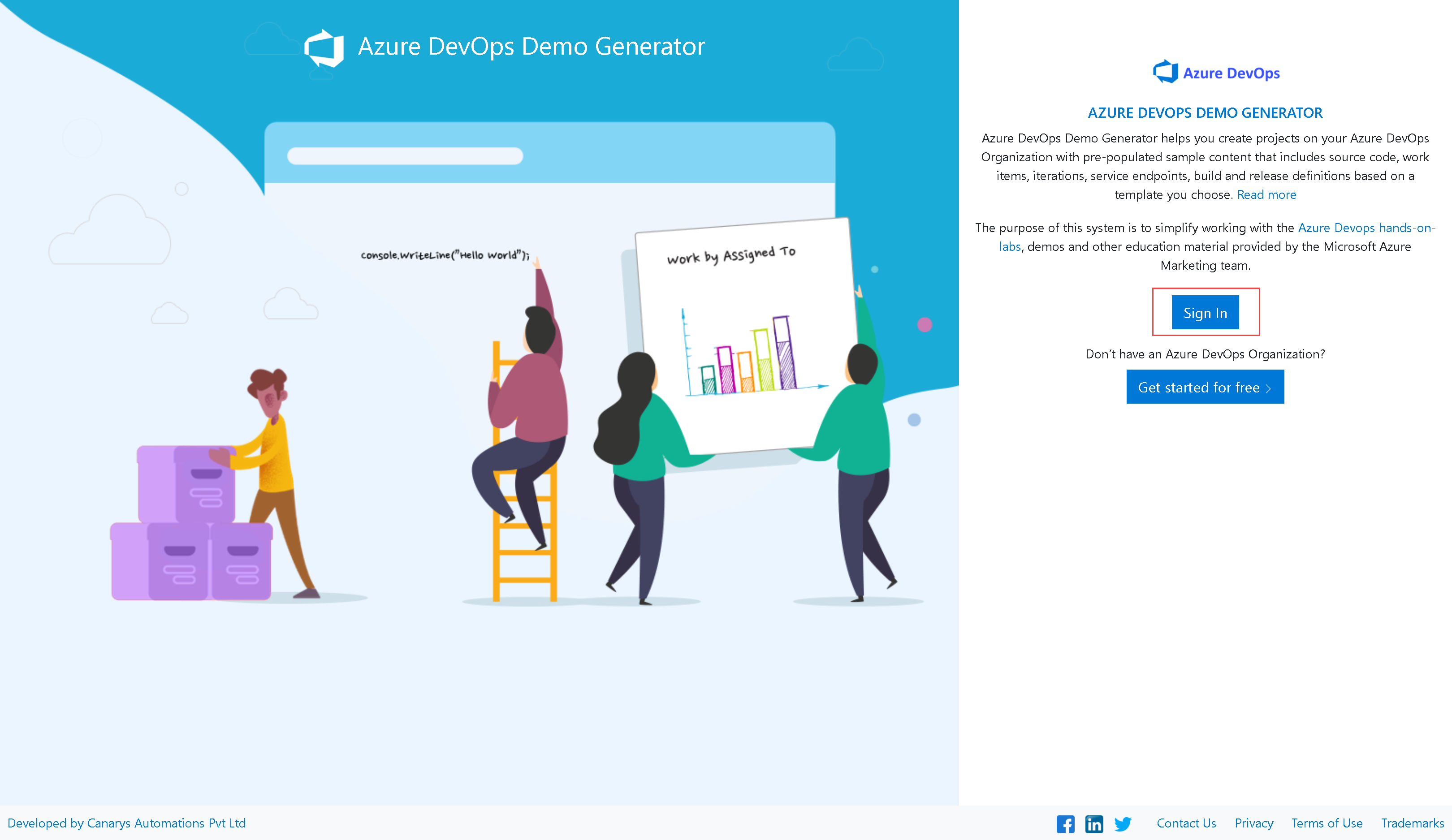 Azure DevOps Generator website. Clik on "Sign In"
option