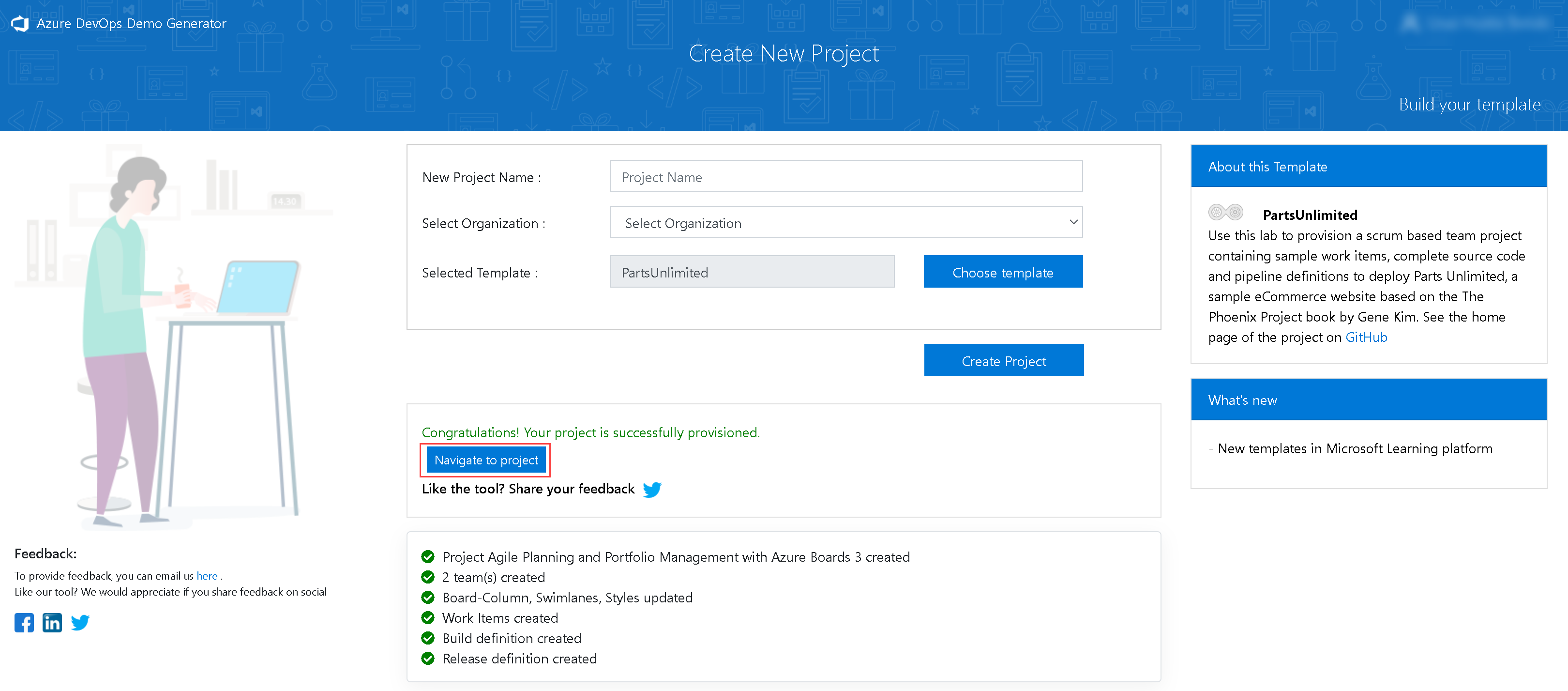 Azure DevOps Generator website. Clik on "Navigate to
 Project"