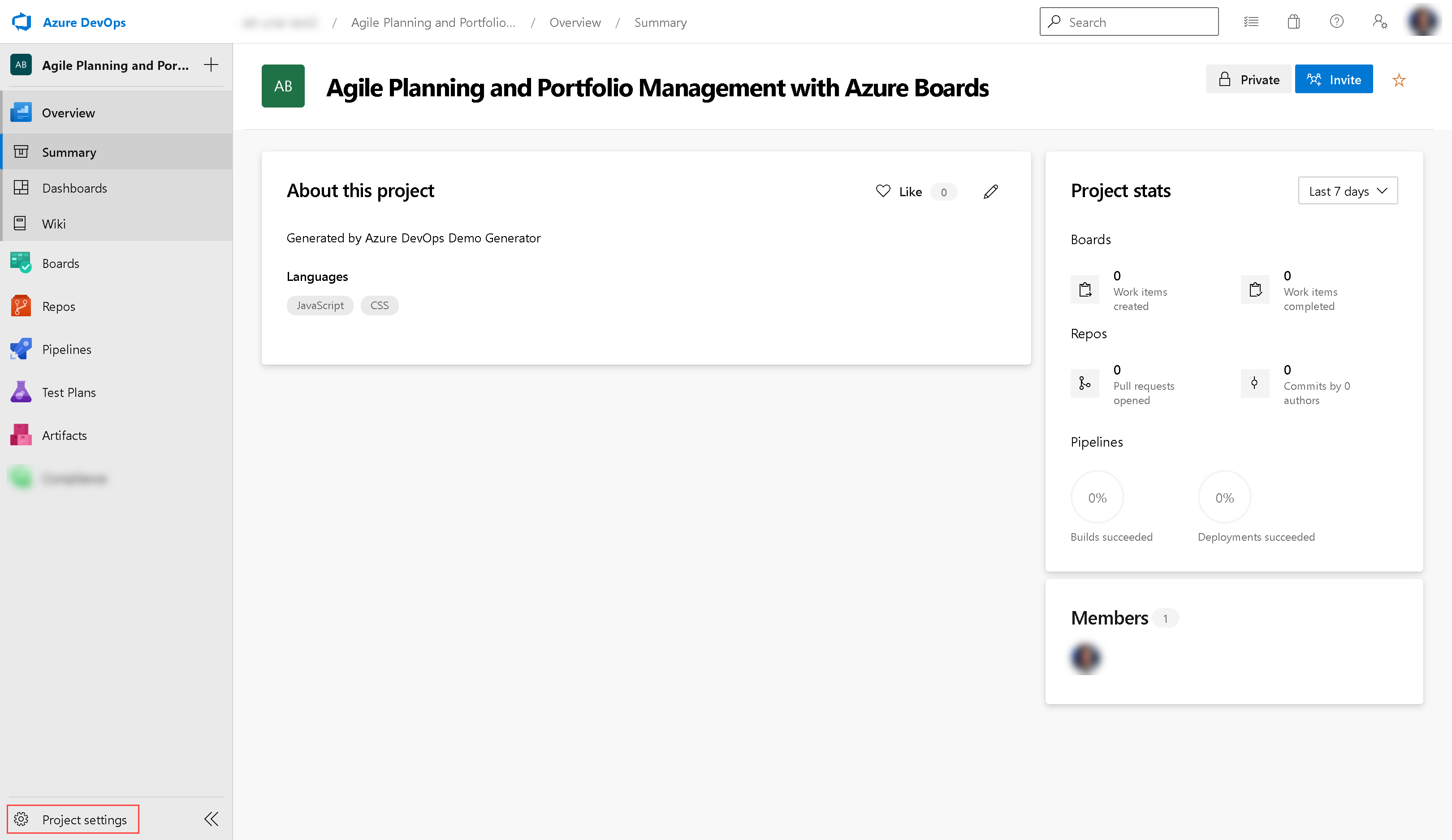 Azure DevOps project window. Click on "Project settings"
option