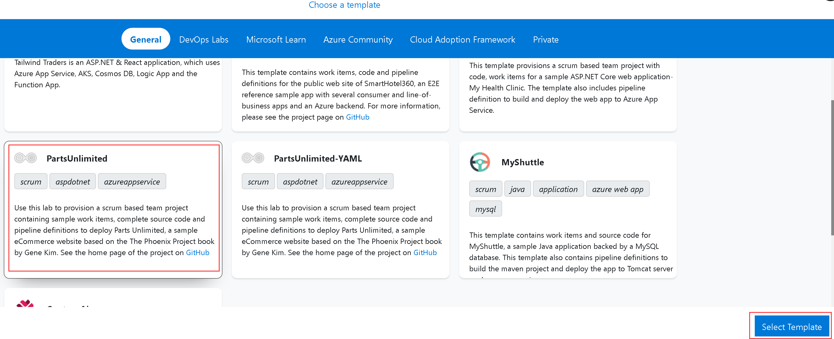Azure DevOps Generator website. On the choose template window, select
"PartsUnlimited"